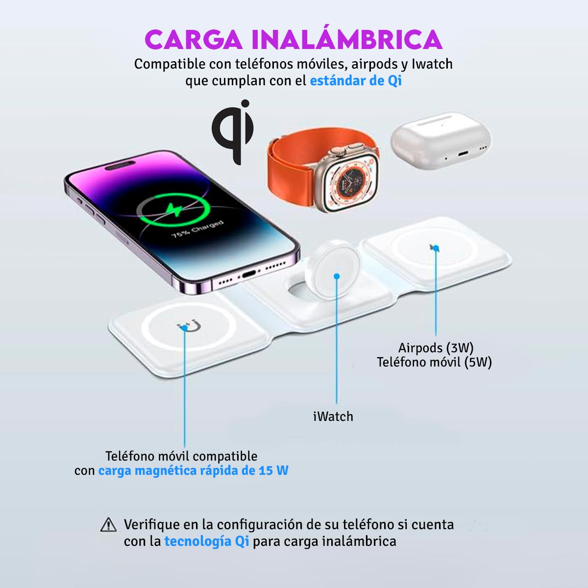 ⚡ MagCharge 3X 🔋✨ - Una estación elegante y compacta para cargar tu celular, reloj y audífonos al mismo tiempo.