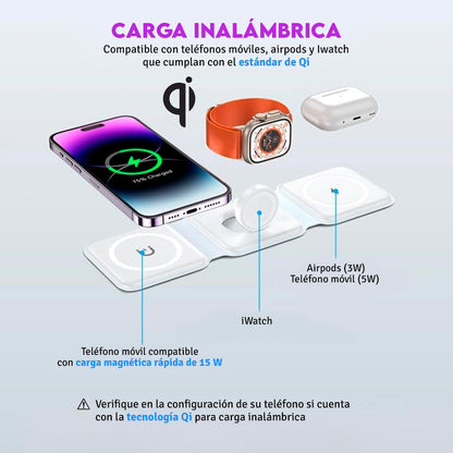 ⚡ MagCharge 3X 🔋✨ - Una estación elegante y compacta para cargar tu celular, reloj y audífonos al mismo tiempo.